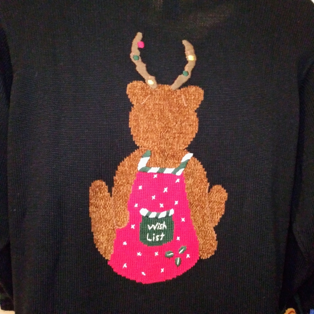 Quacker Factory Black/Multi Reindeer Teddy Bear & Christmas Lights Tunic Sweater - Picture 8 of 12